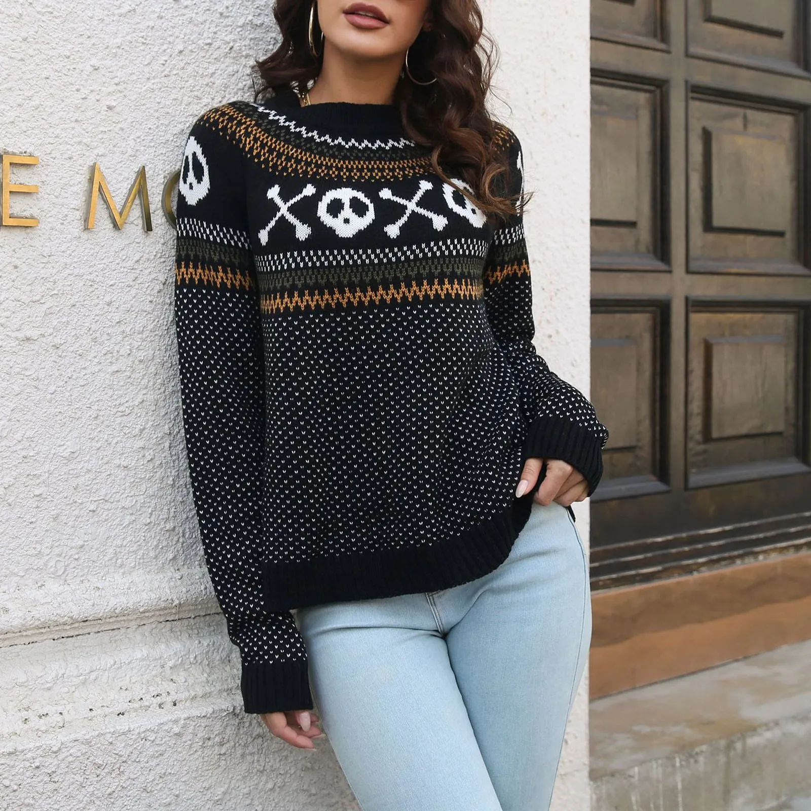 Halloween Loose Retro Knitted Sweater Polka Dot Print Long Sleeved Casual Pullover Round Neck Autumn Winter Jumper Women