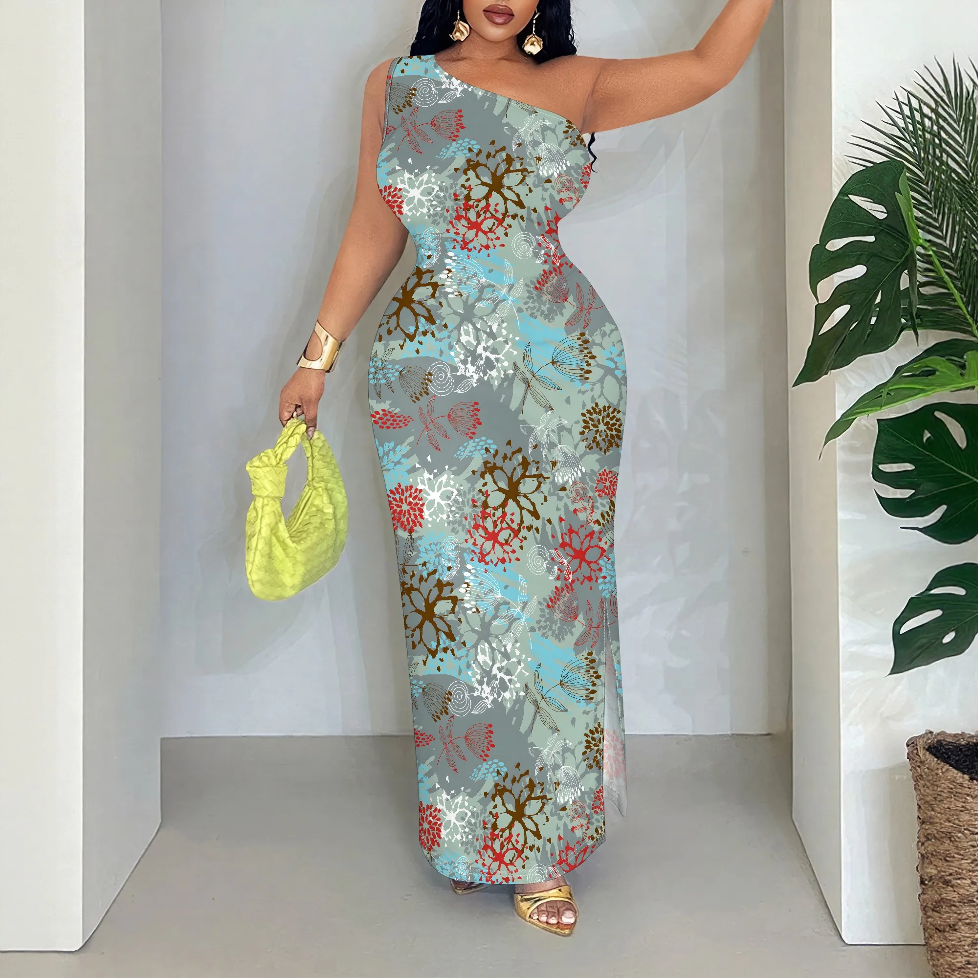 

Floral One Shoulder Maxi Dress, Asymmetric Neckline Long Gown, Summer Boho Print Sundress for Women Beach Party S-2XL