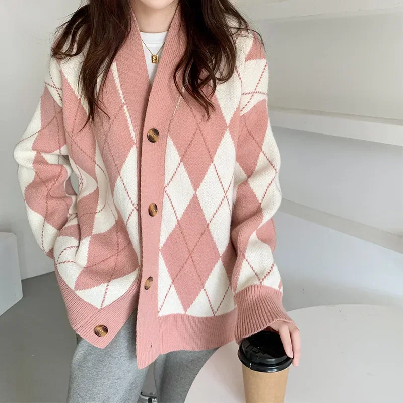 Korean Fashion Cardigan Women\'s Sweater Oversize Diamond Lattice Female Coat Long Sleeve Top Pink Argyle Knitted Cardigans Women