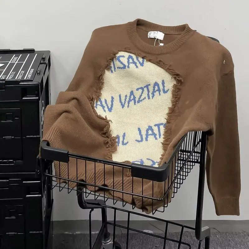 

Loose Fit Men's Knitwear 300 Pou Hole Design American Retro Casual Sweater Spring Autumn Season Youth Sle Long Sve ro...