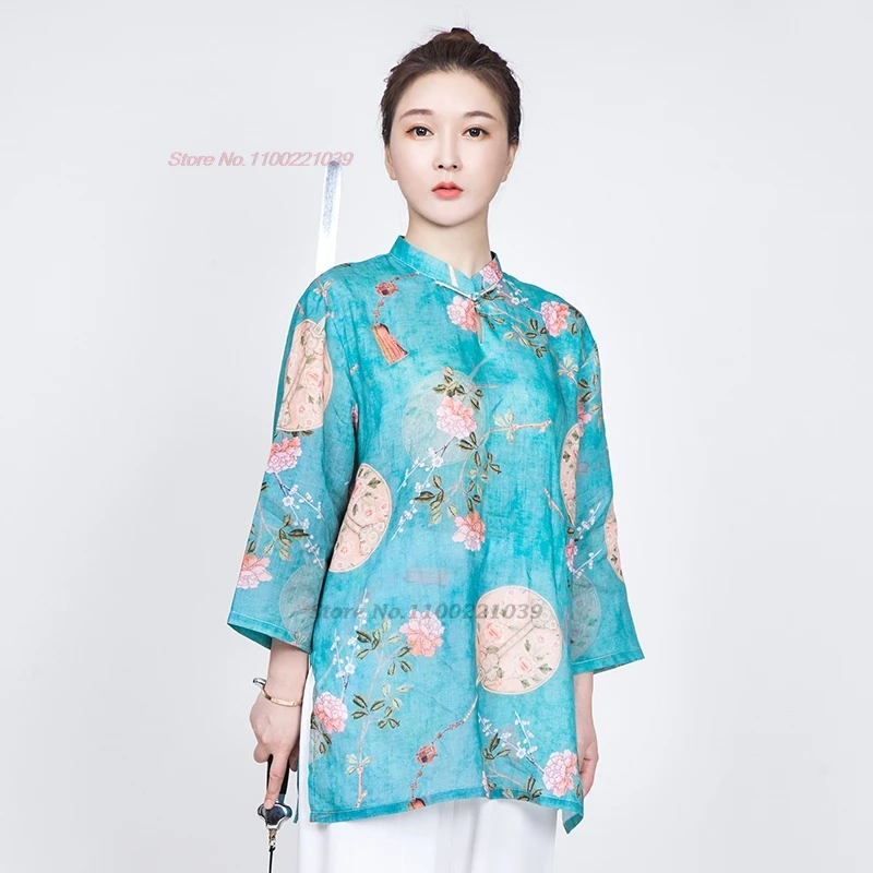 2025 chinese kung fu tai chi martial arts clothes traditional taijiquan practice flower print cotton linen suit outdoor sports