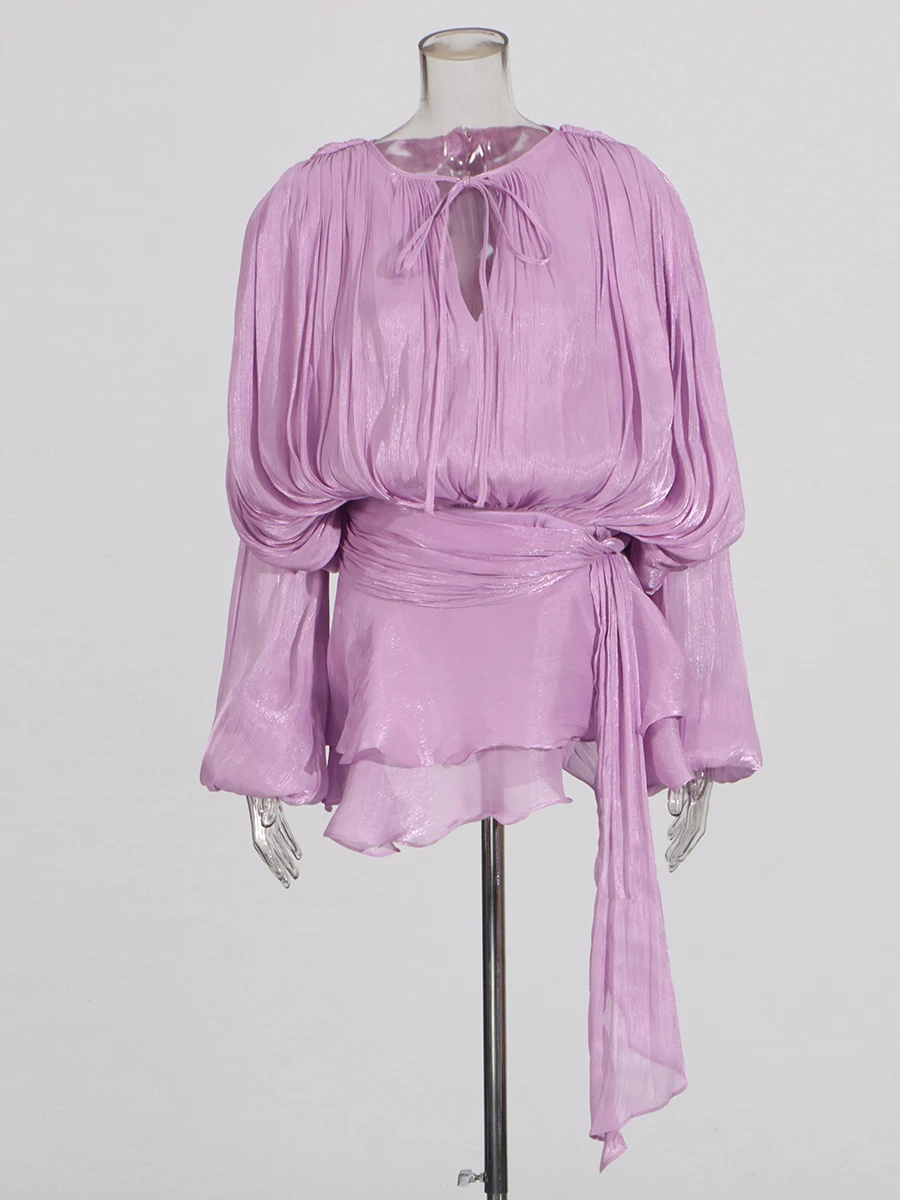 TWOTWINSTYLE Solid Patchwork Lace Up Mini Dresses For Women O Neck Long Sleeve High Waist Designer Dress Female Fashion Style