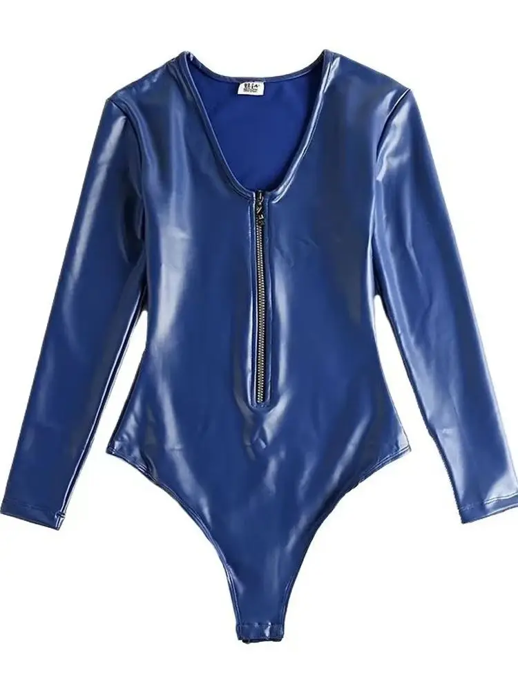 Oil Faux Latex Catsuit Elastic PU Leather Open Crotch Bodysuit Tights High Cut Long Sleeve Swimsuit Sexy Body Teddies Leotard