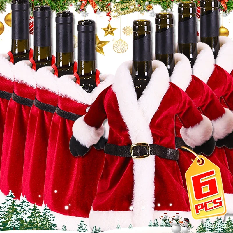 1/6PCS Christmas Wine Bottle Cover Red Velvet Dress Clothes Wine Bottle Bags Xmas Party Dinner Table Decoration Christmas Gifts