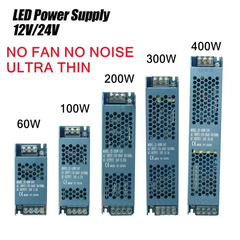 Ultraflaches LED-Netzteil 12V/24V 60W 100W 200W 300W 400W Beleuchtungstransformator 5A 12A LED-Streifen-Schalter-Treiber Lampe