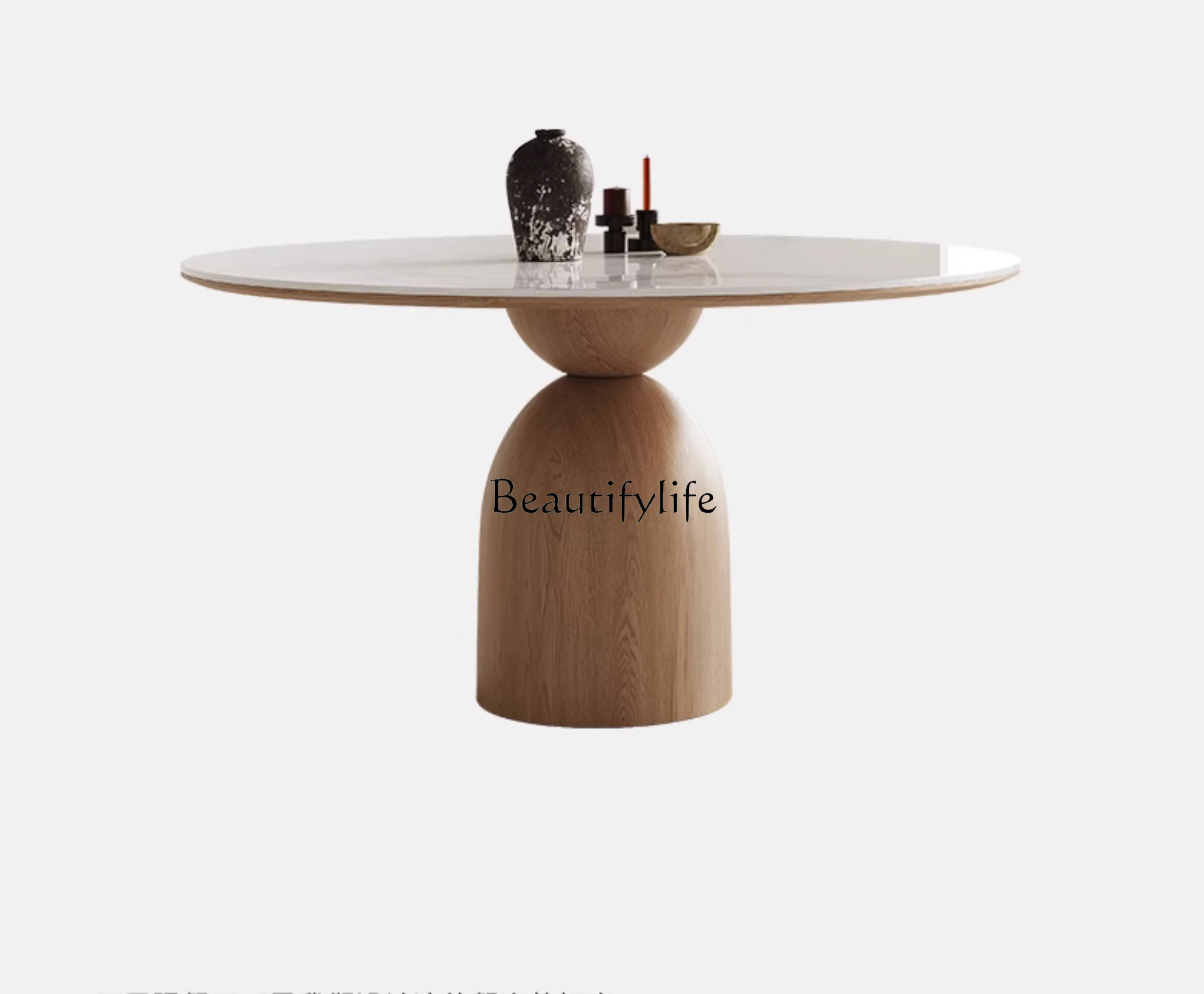 

Solid Wood Stone Plate round Dining Table with Turntable Modern Minimalist Wood Color Solid Wood Round Table
