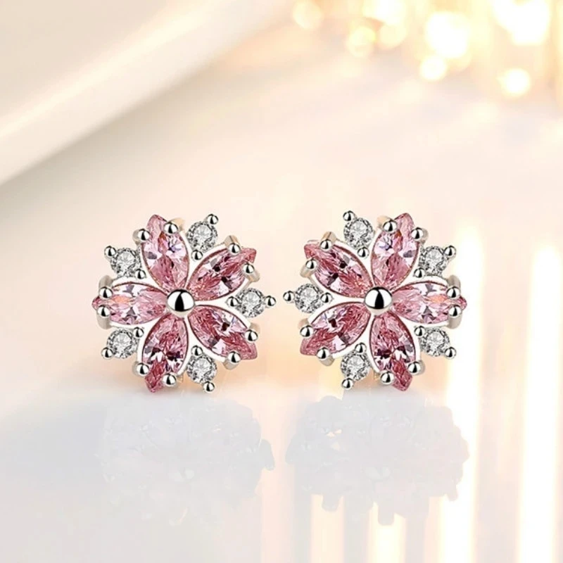 Beiver Pink Sakura Cubic Zirconia Earrings for Women in Rhodium Plated Wedding Decoration Fashion Jewelry Free Shipping