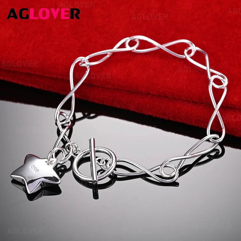 

AGLOVER 925 Sterling Silver 8-shaped Chain Star Pendant OT Clasp Bracelet Women Charm Fashion Holiday Gift Jewelry