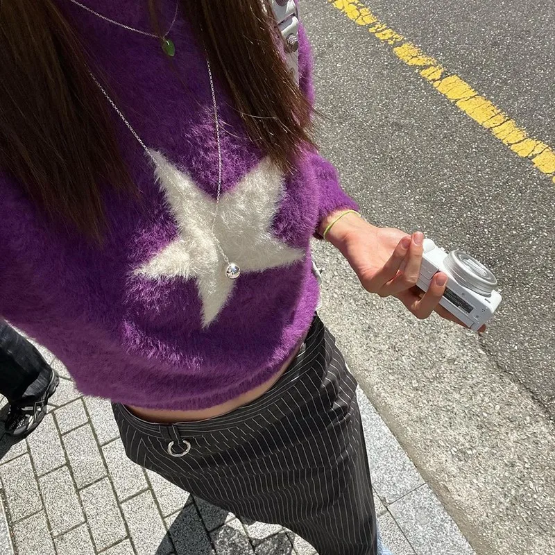 Karrram Y2k Aesthetics Cropped Sweater Grunge Star Mohair Pullover Harajuku E-girl Jumpers 2000s Korean Fashion Designer Clothes