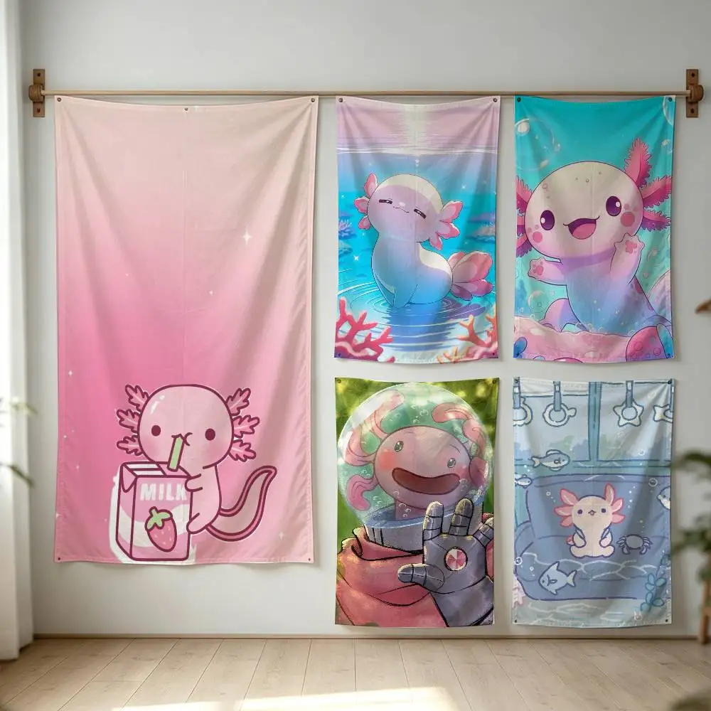 C-Cute Pink Axolotl Cartoon Graphic Flag Digital Printing Banner for Garage Wall Out Door Decoration