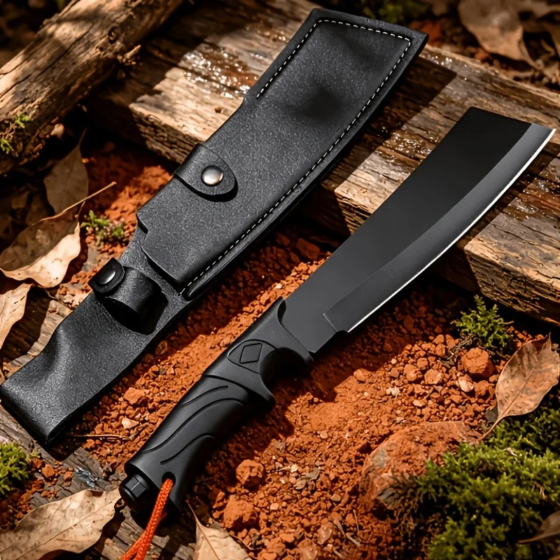 1PC Outdoor Camping Knife,Black Coated Straight Blade,with Leather Sheath & Lanyard, for Exploration,Hiking & Trekking,Collectib