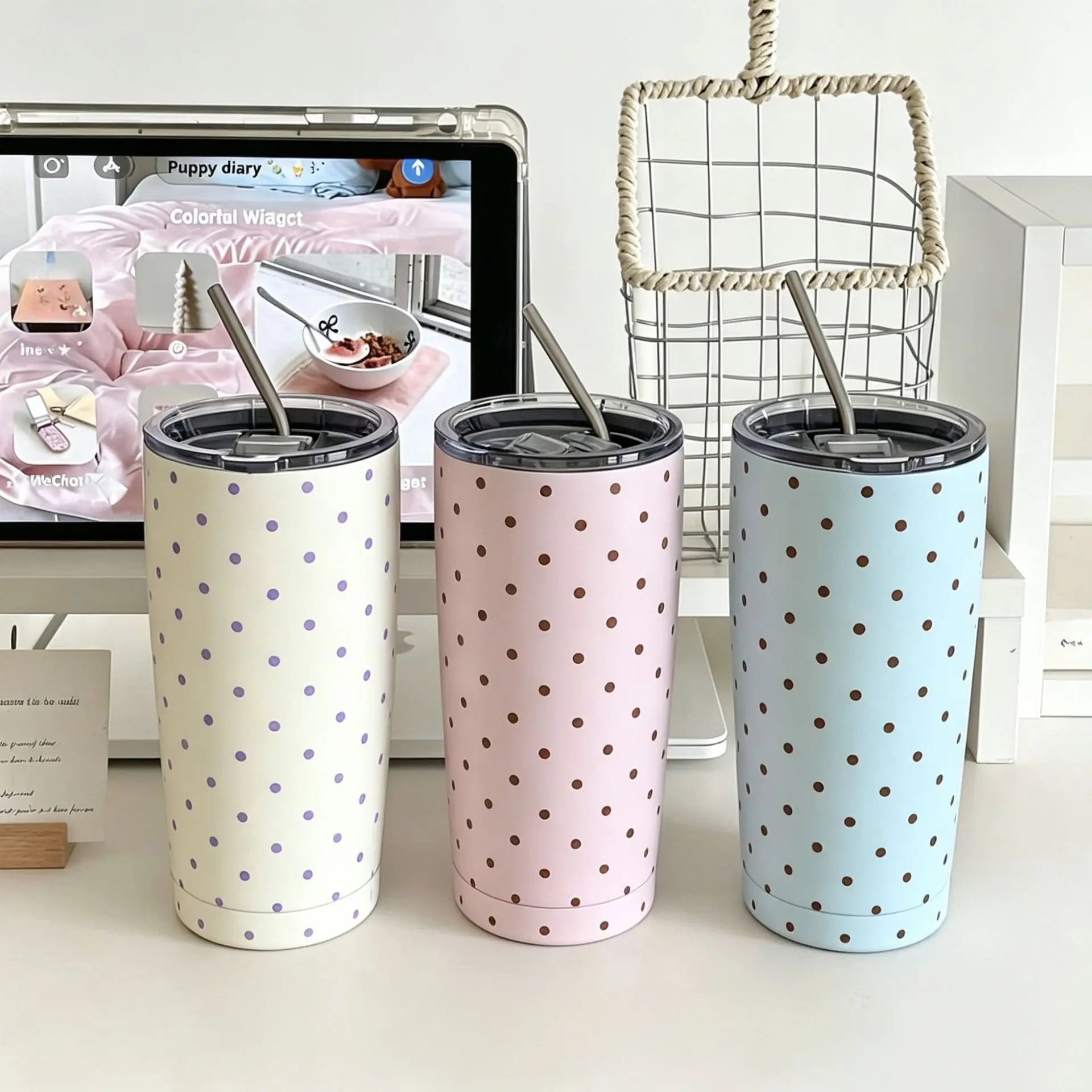 The new retro wave dot vacuum flask, large-capacity stainless steel office vacuum flask, portable car straw vacuum flask