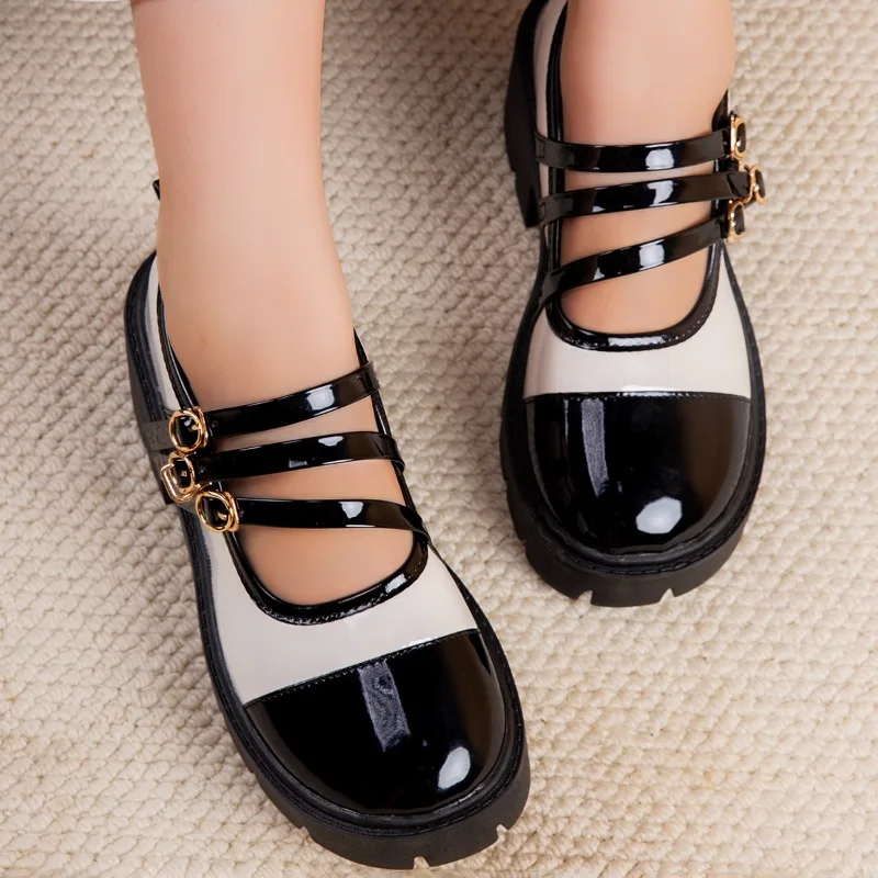 متعدد الألوان ماري جين أحذية واحدة أزياء جولة اصبع القدم الضحلة الفم حزام واحد عدم الانزلاق منصة أحذية منخفضة أعلى