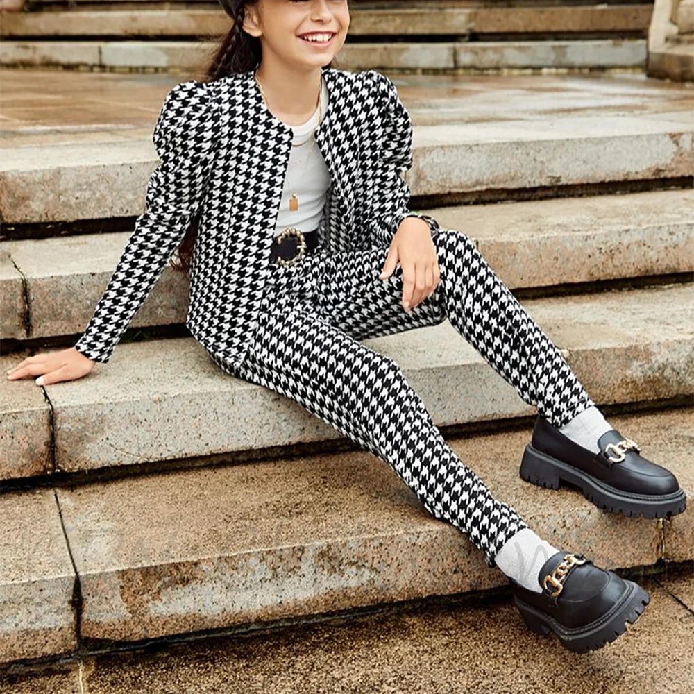 

Fashion Houndstooth Girls Suit 2 Pieces Elegant Daily Casual Fashion Kids Outfits Party Wedding Chic O-Neck Girl Clothes