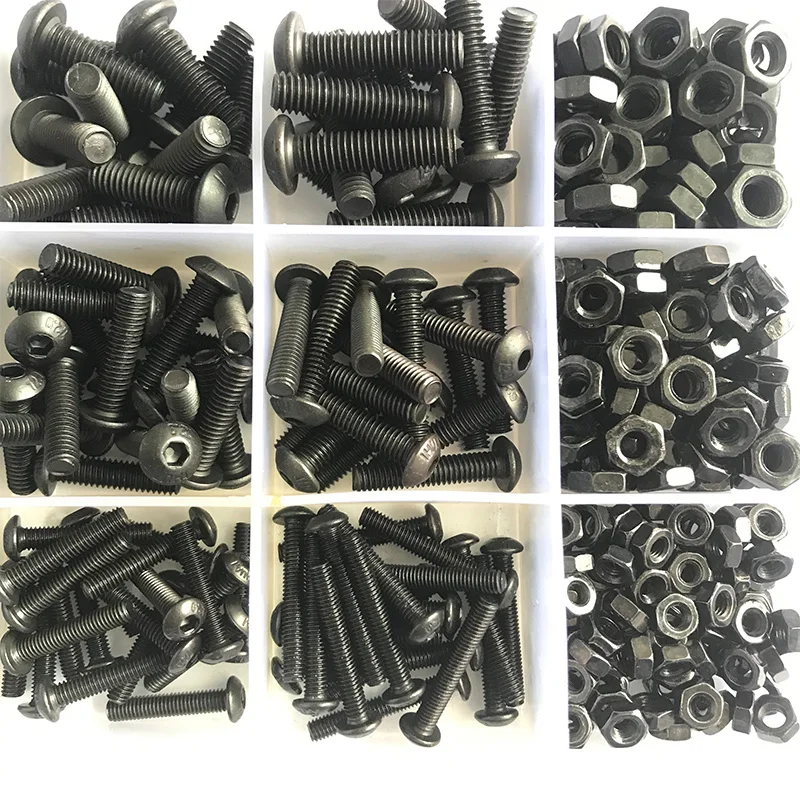 Hex Socket Screw Set M3 M4 M5 431pcs Machine Bolts and Nuts Black 10.9 Grade Hexagon Round Head Screw Nut Assortment Kit