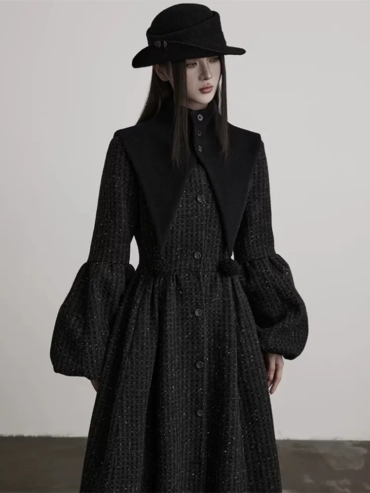 92-100cm Bust Autumn Winter Black Long Woolen Coats Women Vintage Elegant Plaid Wool Coat+Cape Sets Two-Piece Woolen Overcoats