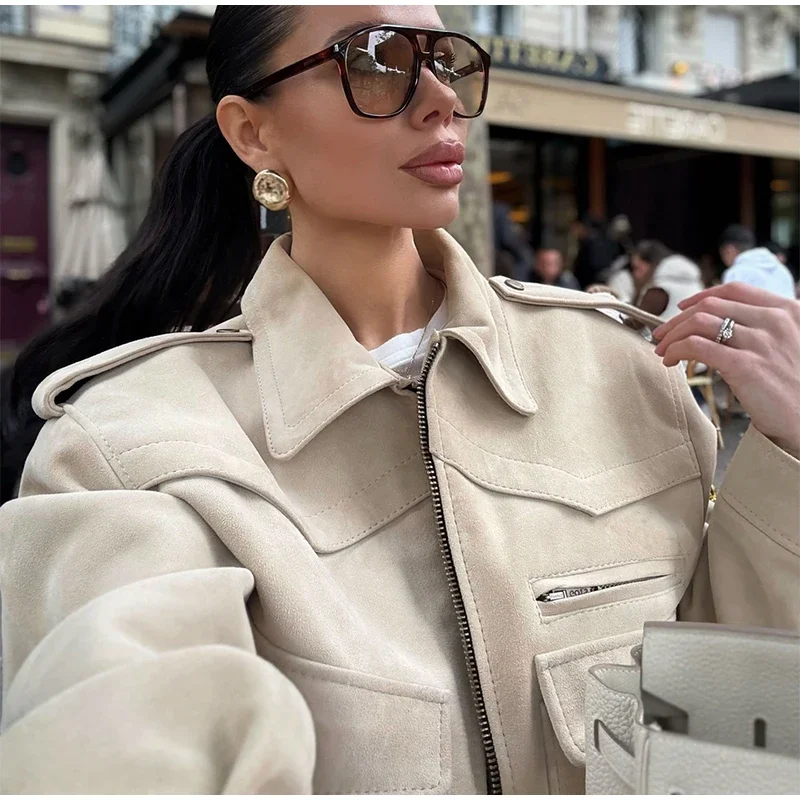 المرأة التلبيب طوق جيوب ملابس خارجية عادية البيج الجلد المدبوغ اقتصاص شيك سليم سترة 2025 جديد الصيف الشارع تخفيف الصلبة معطف للسيدات