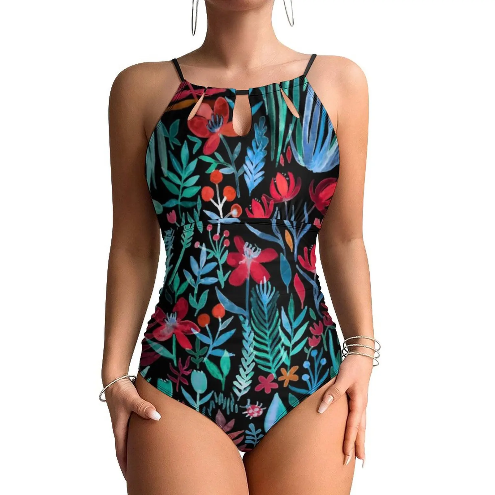 Tropical Floral Print Swimsuit Sexy Red Flowers Women Swimwear One Piece Classic Bodysuit Holiday Surf Push Up Halter Monokini