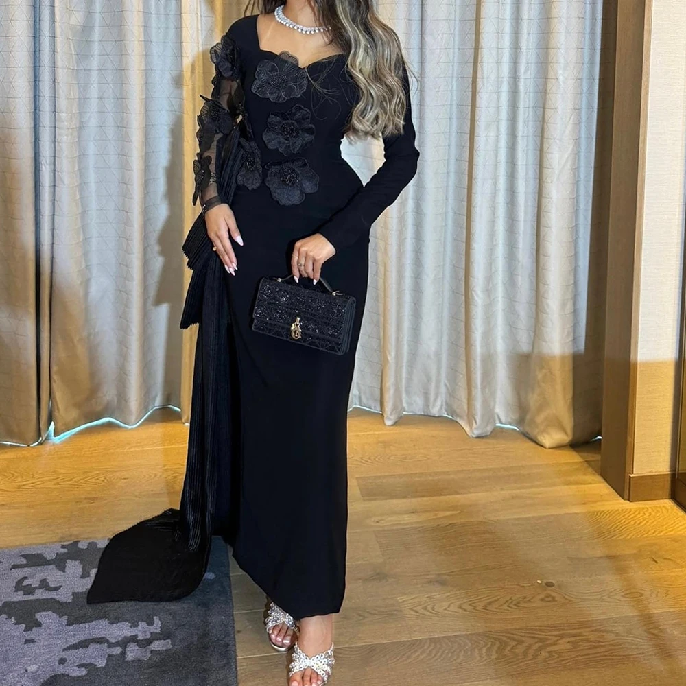 

Customized Straight Evening Dresses Floor-length V-neck Full Sleeve Prom Gown Fashion Flowers Simple Draped Casual Party Gown