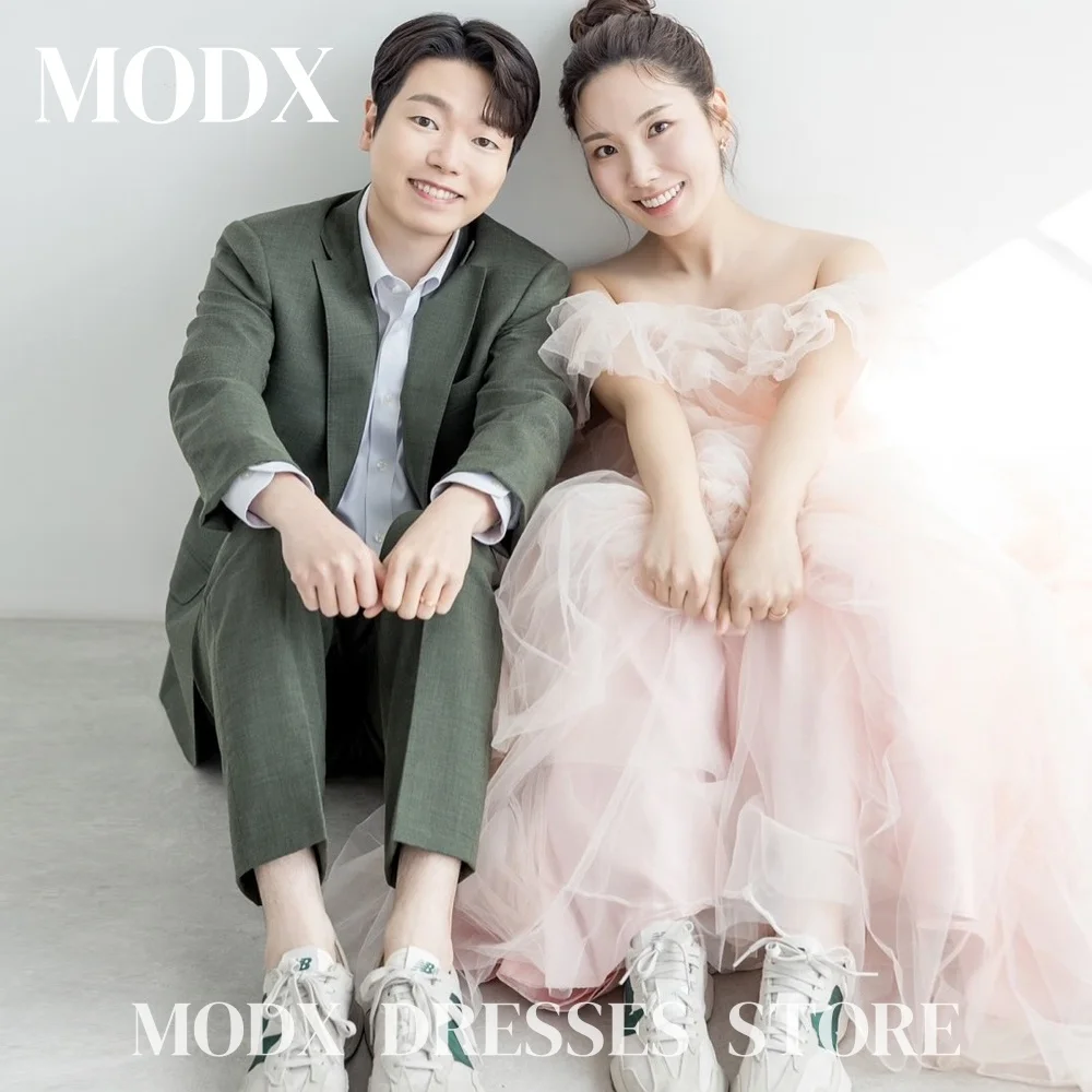 

MODX Elegant Baby Pink A-line Wedding Dresses Off Shoulder Tulle Korea Photoshoot Floor-Length Customised Evening Gowns 2025