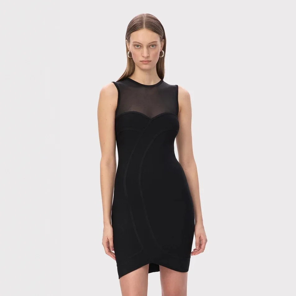 LEOSOXS Women's Sleeveless Mesh Panel Bodycon Dress Asymmetrical Hem With Contour Seams For Night Out And Party Wear 2025 New
