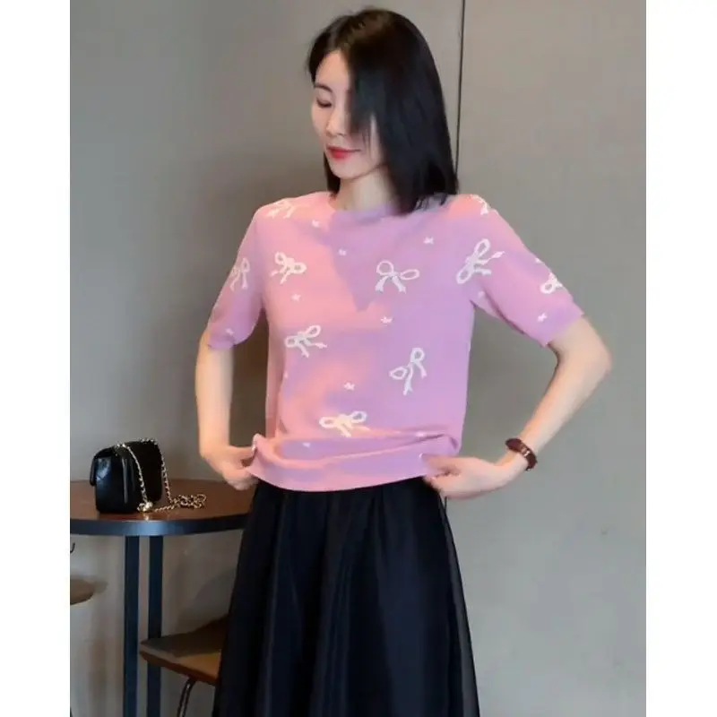 

Корейская версия, ретро, круглый воротник, вязаный свободный топ из ледяного шелка с цветочным принтом, простая модная универсальная рубашка с короткими рукавами Z286