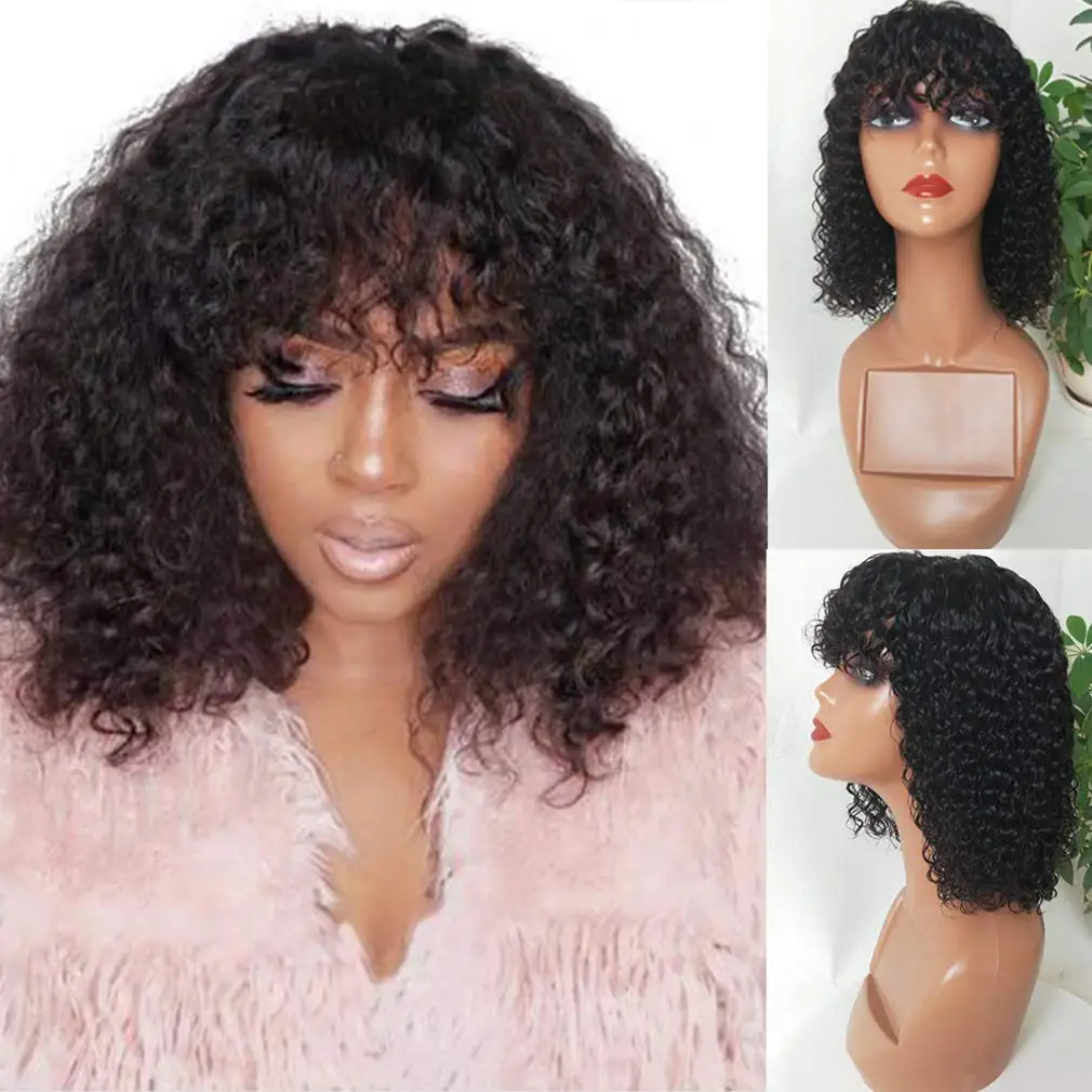 Brazilian Jerry Curl Human Hair Bob Wigs With Bang For Black Women Wonderful Black Dark Remy Bob Hair Machine Made Cheap Wigs