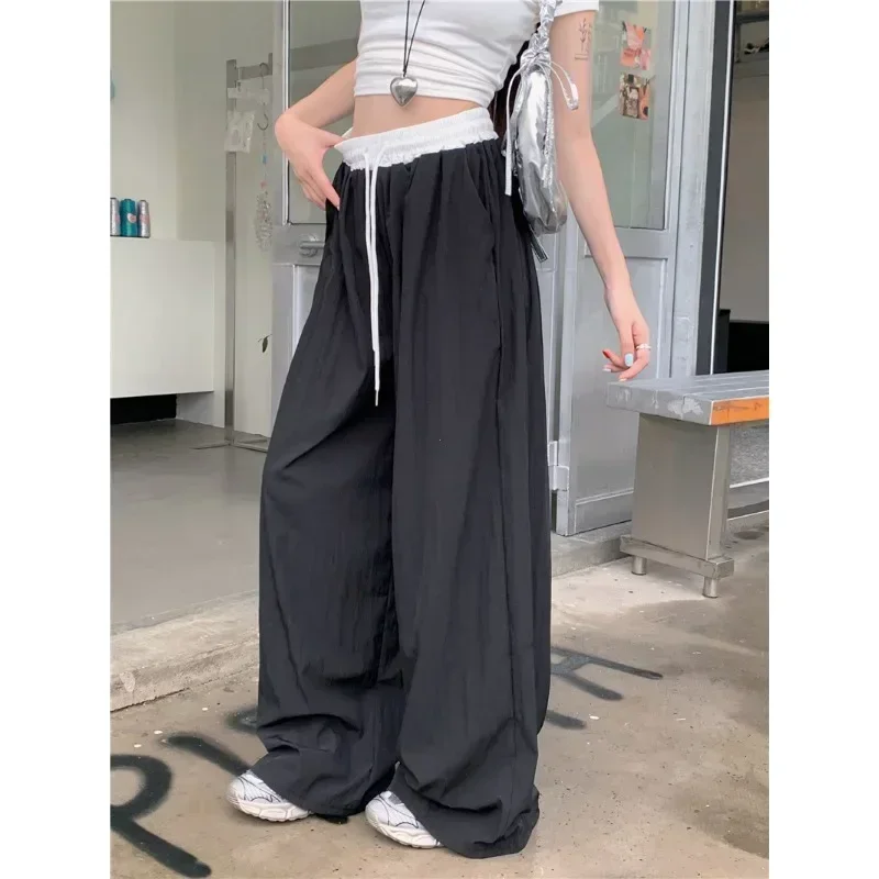 Neue Patchwork Elastische Taille Breite Bein Casual Hosen Frauen Alle saison Textur Drapieren Gerade Mopp Hosen Lose Hosen Hosen