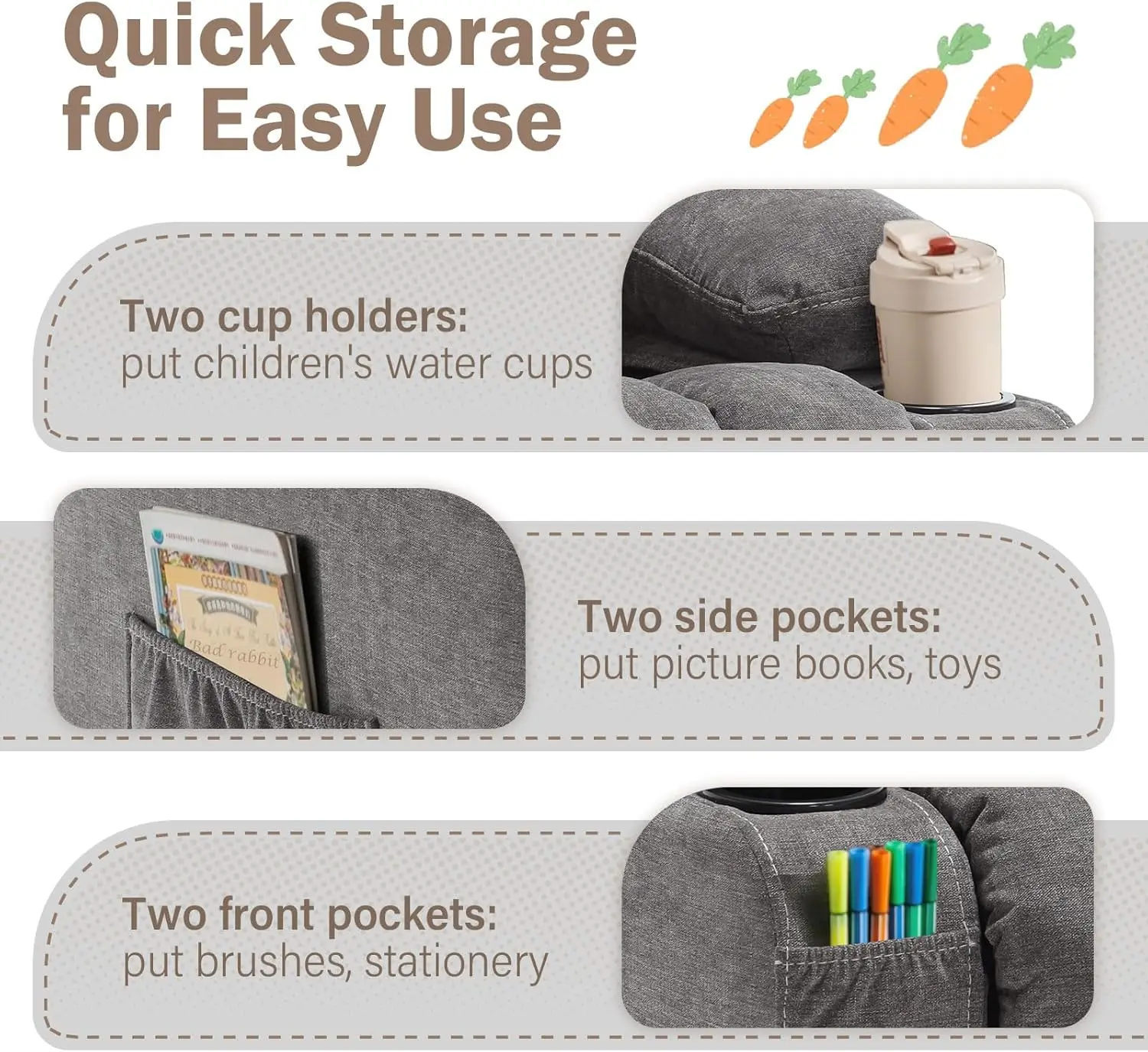 كرسي كرسي للأطفال مع حاملات أكواب، مسند للقدمين ومسند للرأس قابل للتعديل، رمادي غامق #5