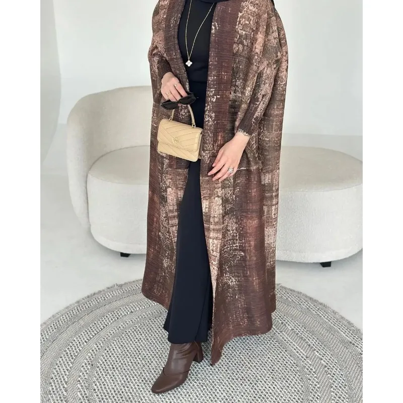 GGHK Geplooide Dames Abaya Vintage Gedrukt Ontwerp Los Groot Formaat Klassieke Arabische Dubai Luxe Abaya 2025, Lente Herfst Nieuw