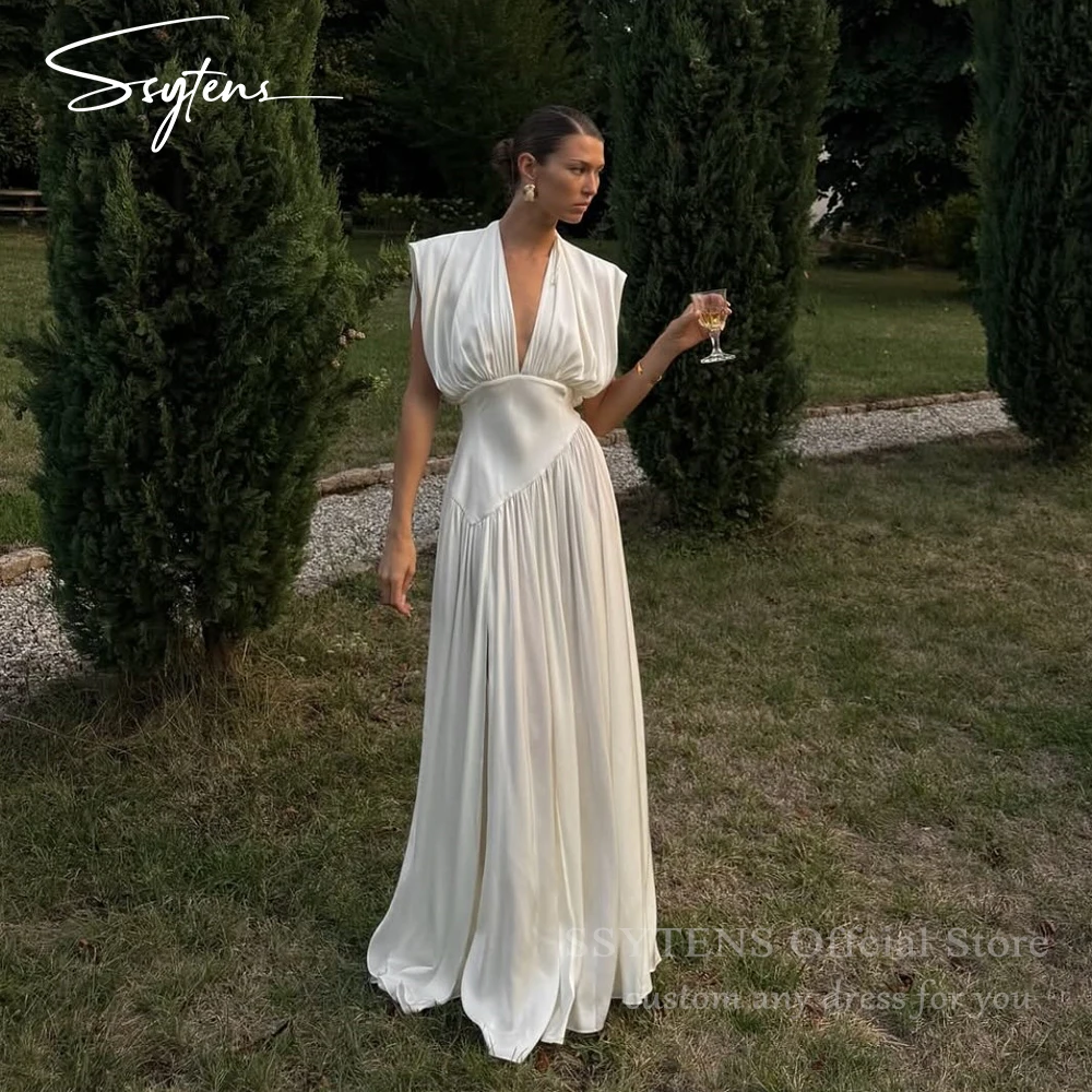 

SSYTENS Modern Satin Wedding Dresses Sleeveless Beach Bridal Dress Simple Wedding Gowns Side Slits Robe De Mairee ﻿Customized