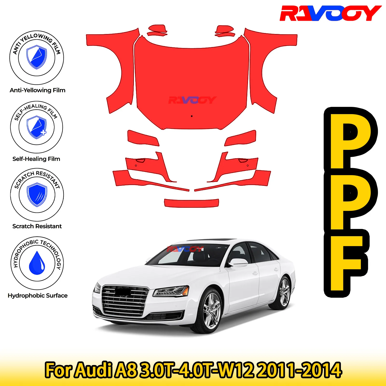 

For Audi A8 3.0T-4.0T-W12 2011-2014 Glossy Matte Black Precut front PPF Kit Paint Protection Film