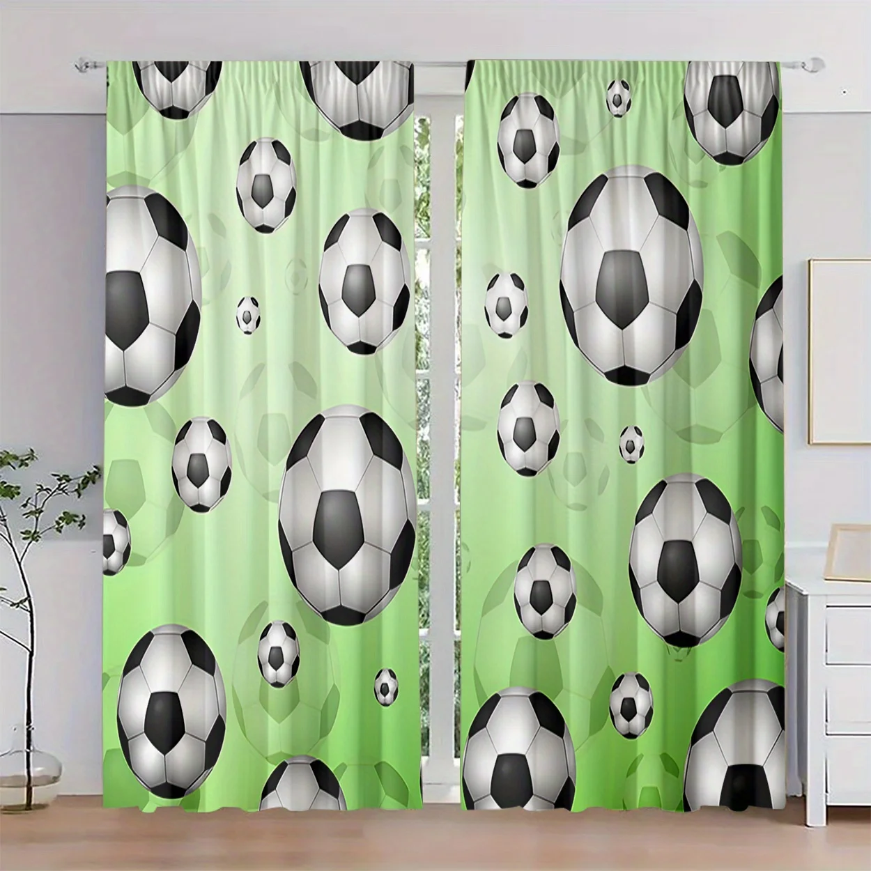 Decorative Green Soccer Ball Football Print Curtains Sporty Window Drapes Athletic Pattern Living Room Bedroom Home Decor Curtai