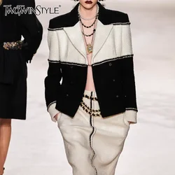 TWOTWINSTYLE Hit Color Spliced Pocket Elegant Coat For Women Notched Collar Long Sleeve Patchwork Double Breasted Blazer Female