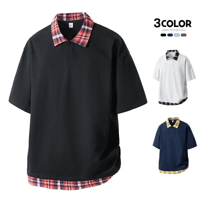 American Hip Hop Polo T Shirts Men Summer Trendy Plaid Patchwork Short Sleeve Man T-shirt Fashion Breathable Plus Size Clothes