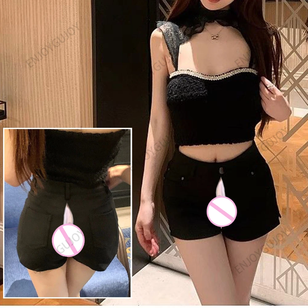 Invisible Open Crotch Outdoor Sex Women's Shorts Summer High Waist Rivet Elastic Erotic Pants Fashion Temperament Hot Pants