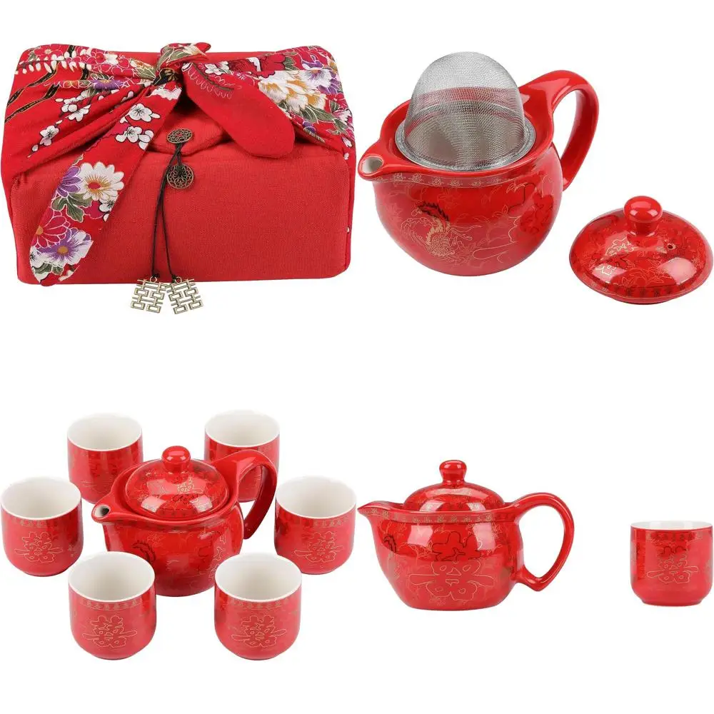 

Изысканный красный китайский чайный сервиз для свадьбы: 1 чайник, 6 чашек и 1 подарочная коробка