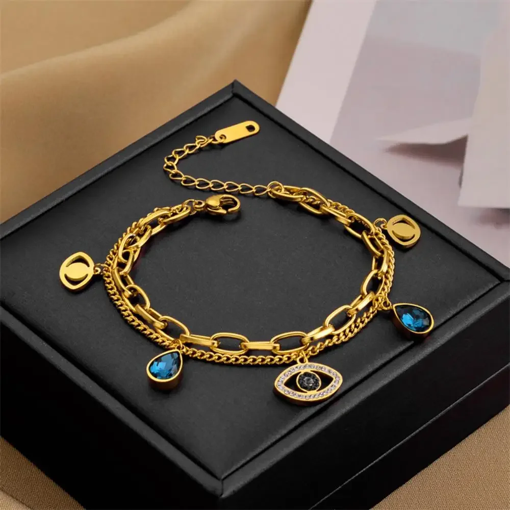 Stainless Steel Double Layer Evil Eye Charm Bracelet For Women Girl Luxury Vintage Bangle Birthday Party Wrist Jewelry Gift New