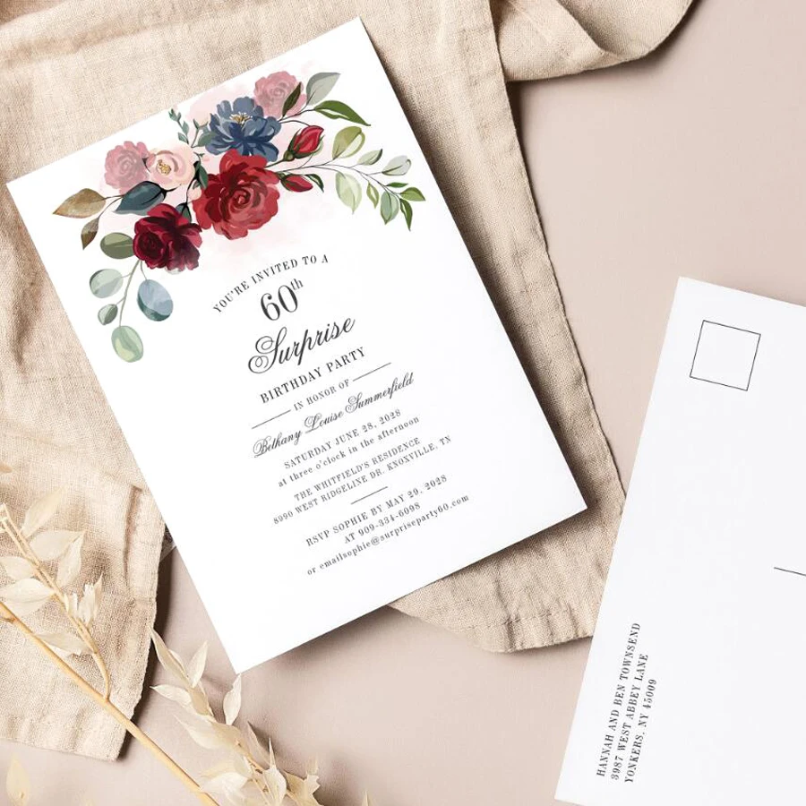 20/100pcs Personalized Birthday Invitation, Elegant Floral Design Series Birthday Invitation