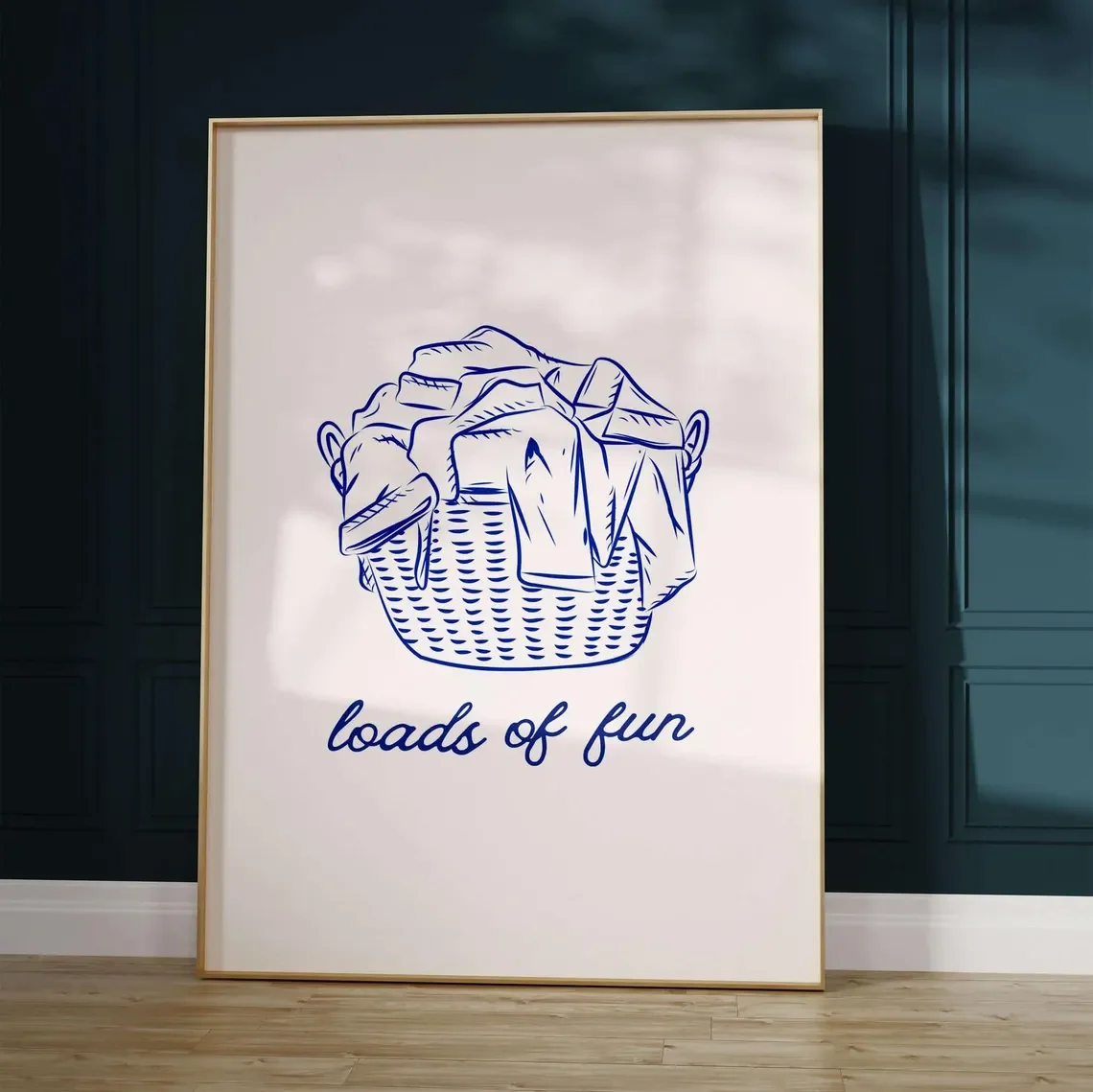 Cheerful Laundry Day Wall Art - Whimsical Line Drawing Print Celebrating the Humor of Household Chores. The delicate blue linewo view 2