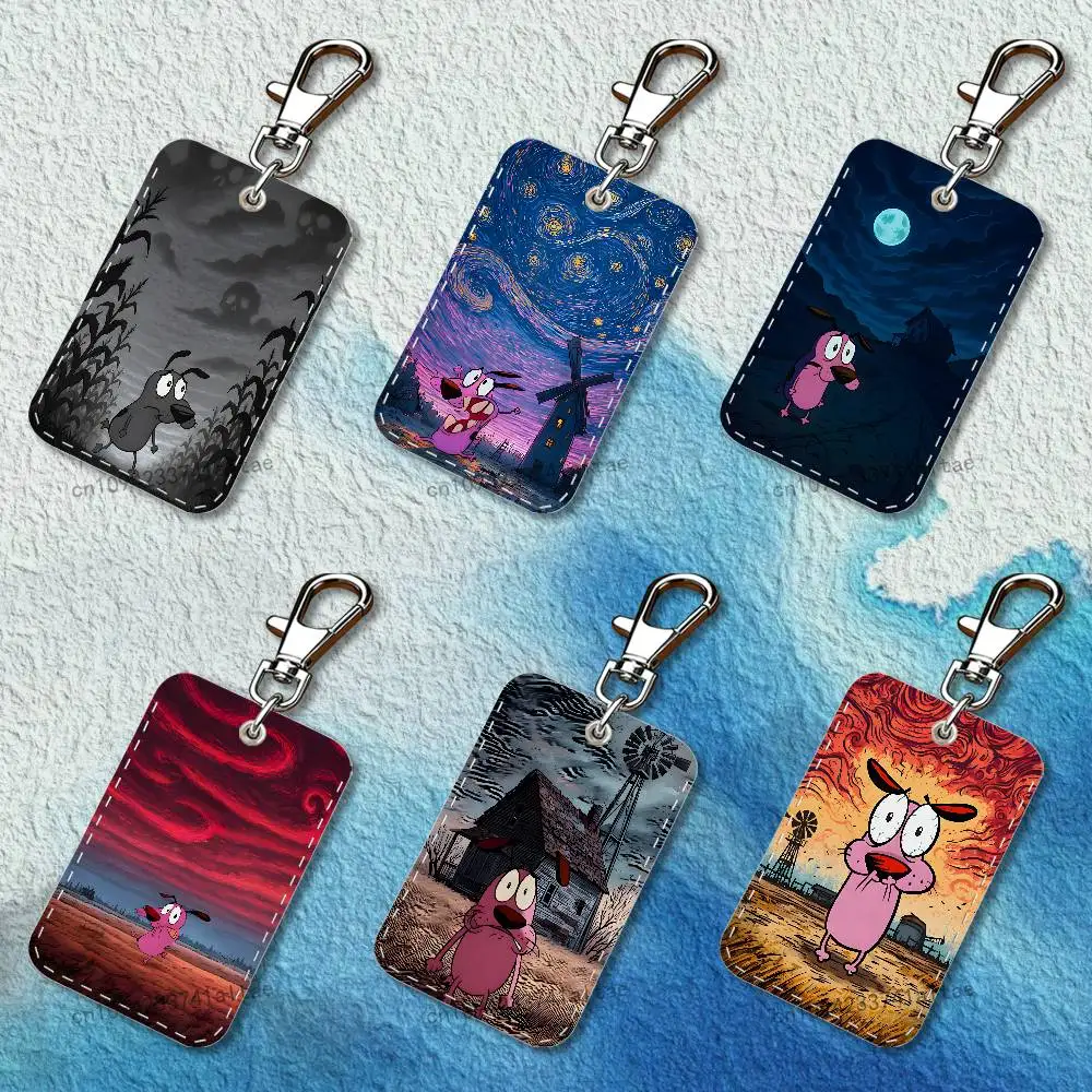 

C-court the C-Cowardly Dog Rectangle Card Case Keychain Access Card Bag Key Tag Ring Leather Card Holder Key Ring Access
