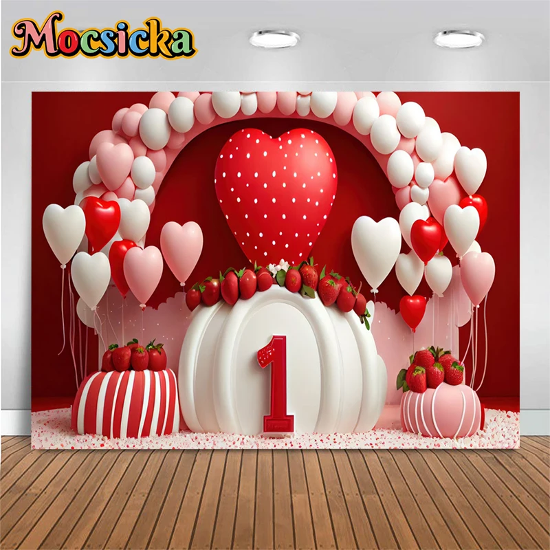 

Love Balloon Background Valentine's Day Heart Strawberry Girl One Happy Birthday Backdrop Decor Baby Adult Portrait Photo Studio