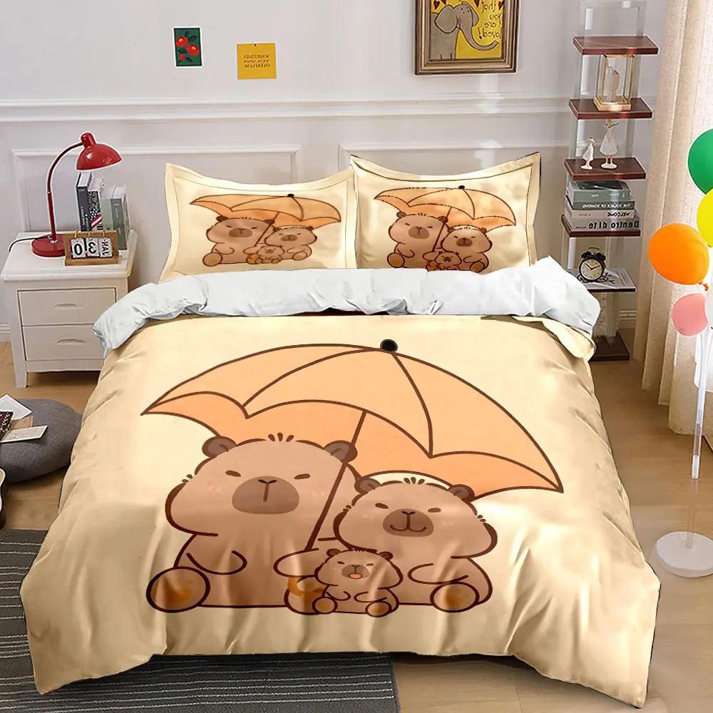 Cozy cartoon bear family under umbrella Duvet Cover Set with 3D Printing Design Soft Polyester Bedding Set All-Season Comfort