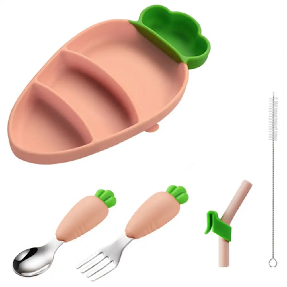 

Carrot Silicone Plate Set Suction Cup Silicone Suction Plates for Baby l with Straws Cutter Forks Safe Easy Self-feeding Plate