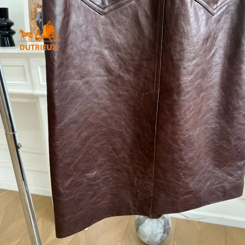 Mittellanger, hoch taillierter, hüftumwickelter A-Linien-Rock für Damen im Herbst und Winter, edler und femininer Rock aus 100 % echtem Schaffell