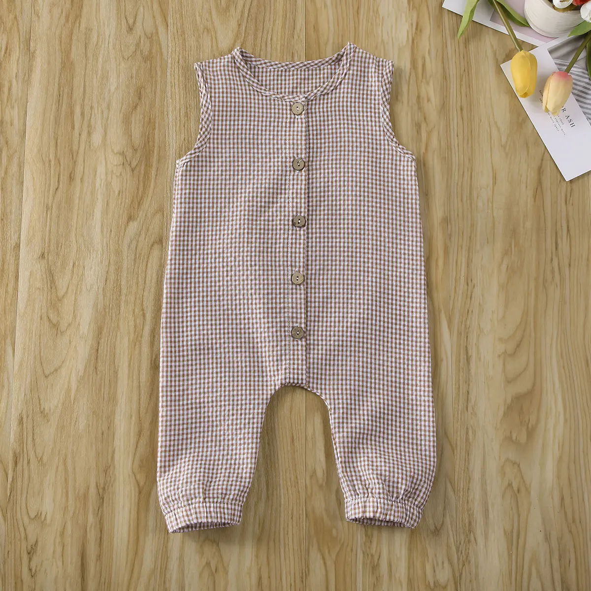 Toddler Baby Girls Boys Sleeveless Romper Plaid Button Jumpsuit Overall Outfits