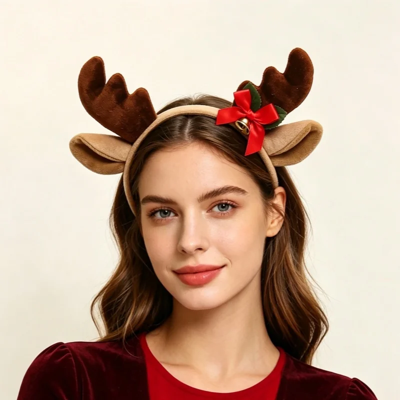 reindeer headband,christmas antlers hair hoop,xmas party headwear,holiday costume accessory,bell bow hairband