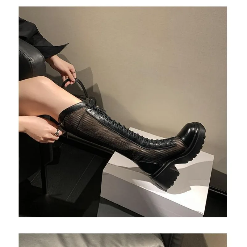 The New Summer 2025 Fashion High-heeled Cool Boots for Women, Thick-soled Lace-up and Chunky Mesh Long Boots for Women
