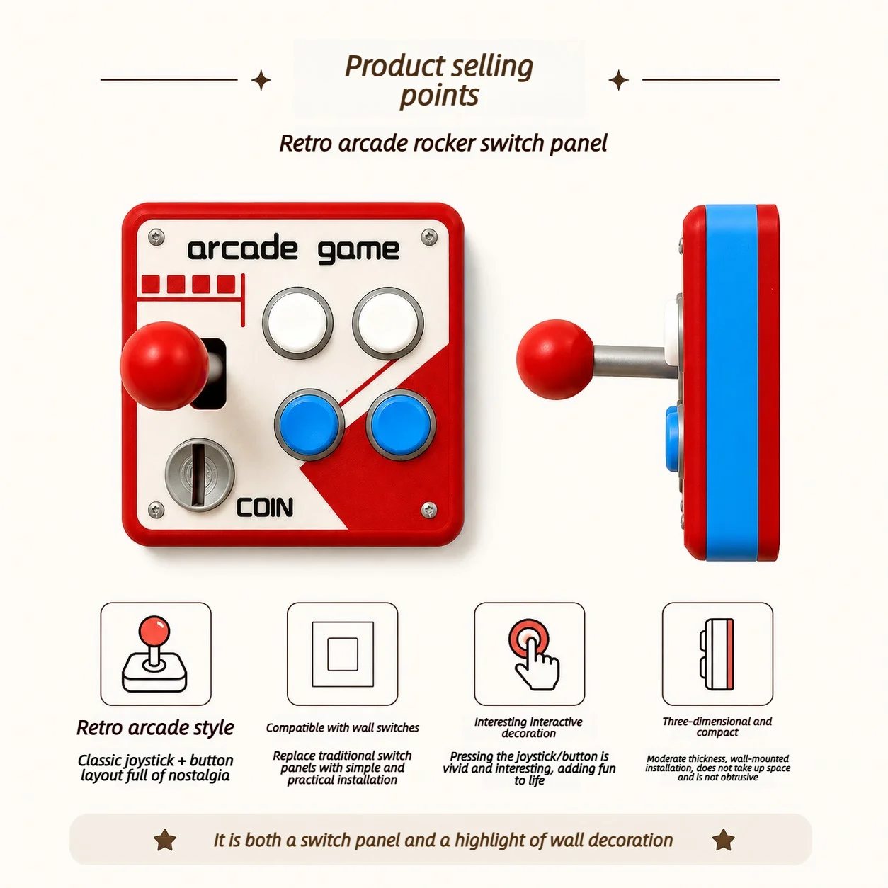 Novedosa Cubierta de Interruptor de Luz con Diseño de Joystick Retro Arcade, Impresa en 3D, Decoración de Pared sin Perf
