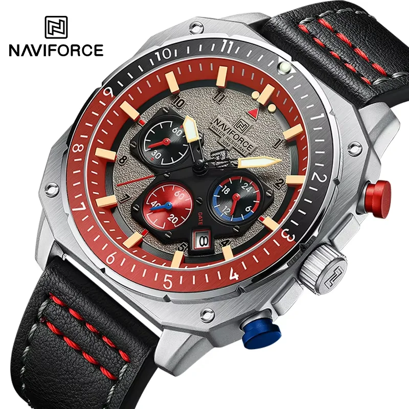 NAVIFORCE Fashion Brand Luxury Watches For Men 30m Water Resistant Man Chronograph Clock Sports Genuine Leather Strap Wristwatch